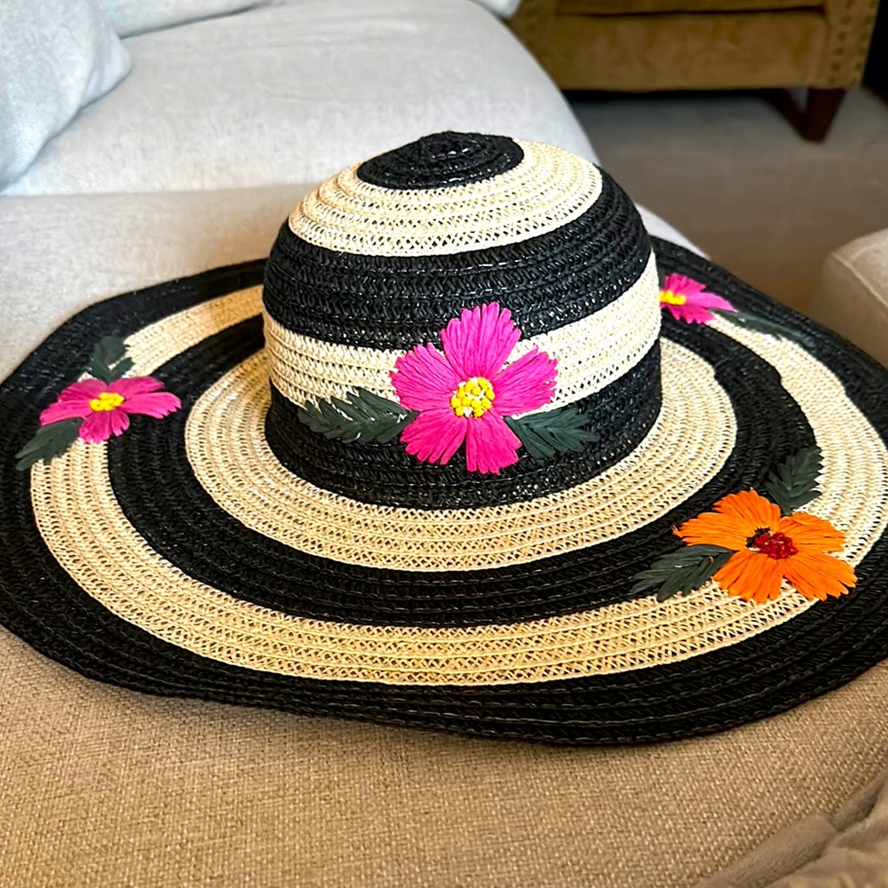Striped Black and Cream Sun Hat with Floral Accents